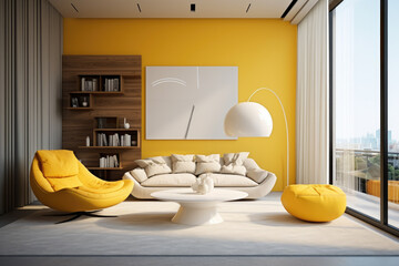 Seating group and decor modern minimal living room interior design saffron yellow colors