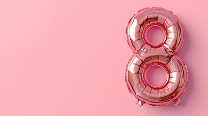 Celebration for International Women's Day. Number 8 Shaped Balloon on a Pastel Pink Background.