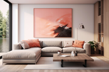 Seating group and decor modern minimal living room interior design salmon colors