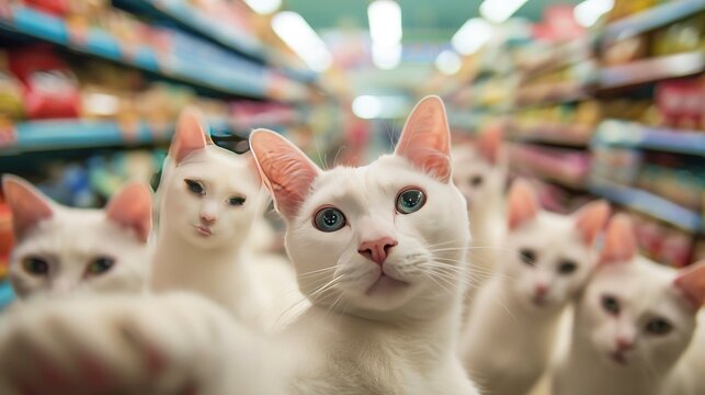Several white cats are taking selfies in the supermarket