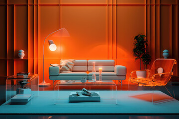 Seating group modern minimal living room interior design neon orange colors