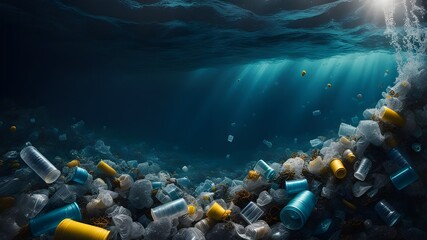 underwater scene wasted plastic trash, non-biodegradable plastic trash under the ocean, indestructible trash under the sea, social issues by peoples - obrazy, fototapety, plakaty