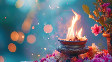 Traditional Indian puja Ritual Fire with Offerings - obrazy, fototapety, plakaty