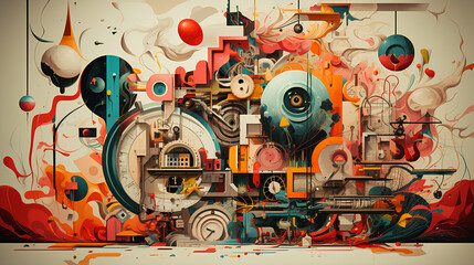 Abstract colorful animated illustration with intertwining fantastic objects and figures. Captivating graphics combine whimsical elements, fairy-tale imagery and intricate details. Visual storytelling 
