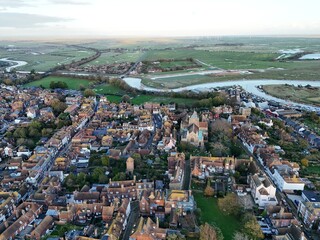 Fototapeta na wymiar Sunset Rye town centre Sussex UK drone aerial view high angle.