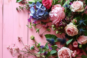Top view of rose spring flower frame or floral border rustic wooden background