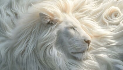 a white lion laying down with its eyes closed