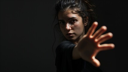 Woman in dark reaching out for help, young woman portrait with arm and hand reach out on black background, concept for woman protection, domestic abuse, fight for woman's right, victim.