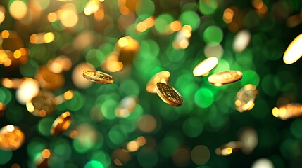 Abstract golden coins on green backdrop. Shamrock leaves. Patrick day background, St. Patrick's Day, Bitcoins falling down, encrypt currency concept. - obrazy, fototapety, plakaty