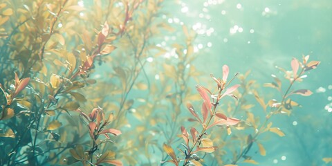 Fototapeta na wymiar Seaweed and Sunlight in transparent clear underwater background, pastel color with light underwater plants banner.