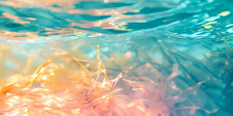 Seaweed and Sunlight in transparent clear underwater background, pastel color with light underwater...