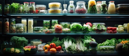 View of various fresh foods in a large refrigerator. modern supermarket background - obrazy, fototapety, plakaty
