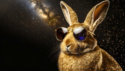 golden rabbit with sunglasses and headphones in front of black background with universe