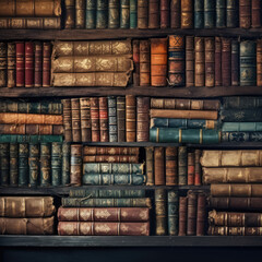A wall full of old ancient books on wooden shelf.