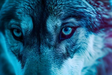 a close up of a wolf's blue eyes