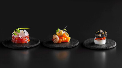 Creative Michelin-starred dishes that use different ingredients, very creative shapes, Unusual presentation, and beautiful soft backgrounds. French style.