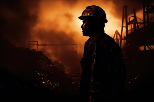 Silhouette photo of miner worker in dark night atmosphere