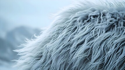 a close up of a furry animal with a mountain in the background