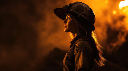 Fototapeta premium Silhouette photo of miner worker in dark night atmosphere