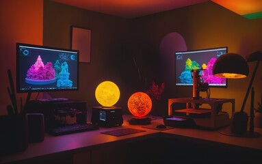 Futuristic gaming room with computer monitors, lamps and 3D printers