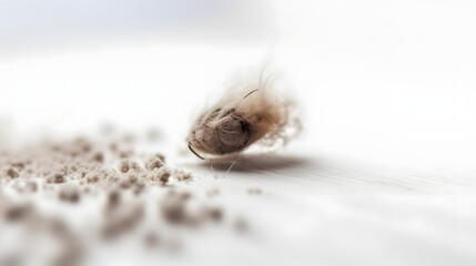 House dust on white floor. House Dust Mite and Home cleaning concept, Copy free space on left - obrazy, fototapety, plakaty