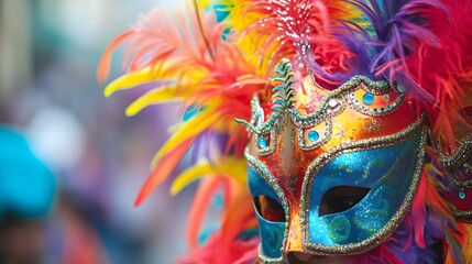 a colorful mask with feathers on it