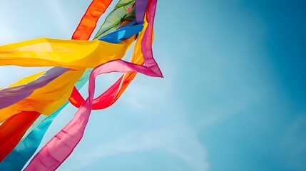 a multicolored kite flying in a blue sky