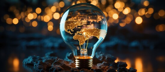 renewable and sustainable energy sources. The blue world map is on a technology light bulb that represents energy, renewable energy