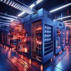  Data Center and network device With Multiple Rows of Fully Operational Server Racks. Modern Telecommunications, Artificial Intelligence, Supercomputer Technology Concept.