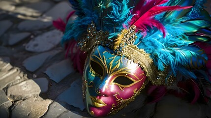 a colorful mask with feathers on a cobblestone street