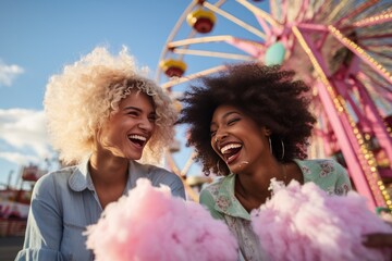 Two blonde and brunette girls eating cotton candy at the fair - obrazy, fototapety, plakaty