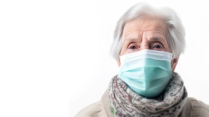 Portrait of senior woman wearing medical mask isolated on white background with copy space. Pandemic Concept with copy space. Healthcare Concept. Epidemic Concept. Copy Space.