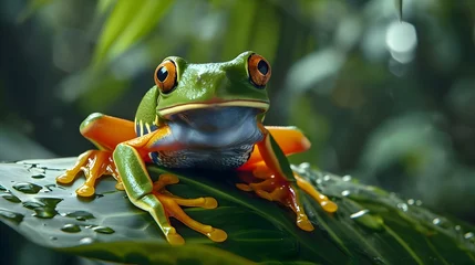 Deurstickers a frog sitting on top of a green leaf © KWY