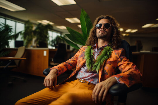Man in tropical attire enjoys a mental vacation in the workplace. AI generative image.