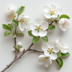The photo is a white cherry blossom flower branch on a white background