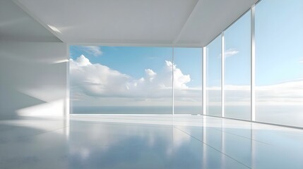 an empty room with a view of the ocean