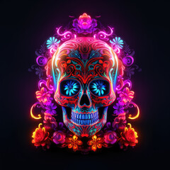 Skeleton head with flowers and neon lights