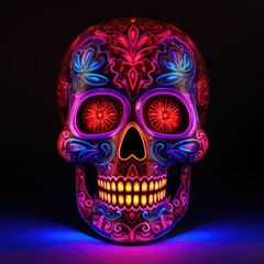 Skeleton head with neon lights and color on dark background