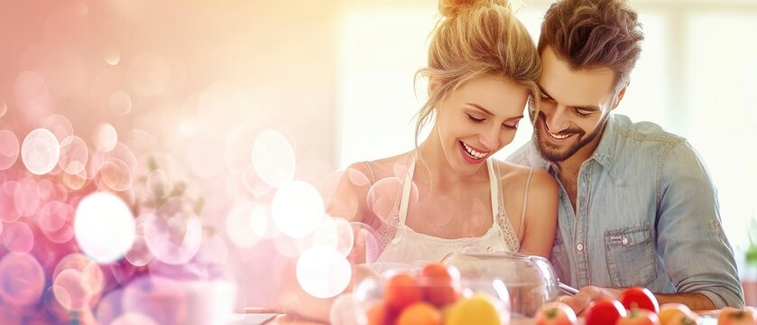 A couple cooking together, smiles and laughter, bokeh background. Valentines day.