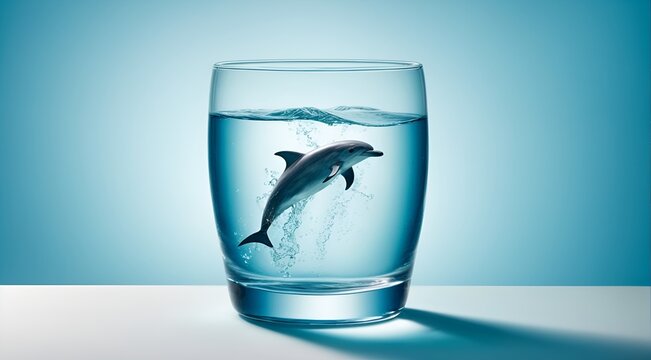 a dolphin swimming inside a glass of water