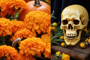 Skull among marigolds and colors