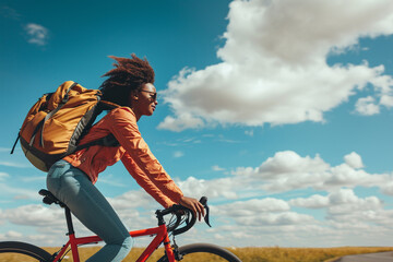 Young African American woman with curly hair in a ginger jacket, blue jeans with a backpack on a bicycle against a cloudy blue sky.
