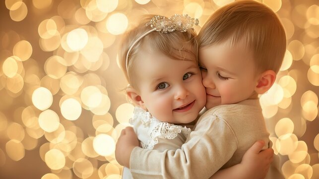 Cute baby boy and girl hug love concept