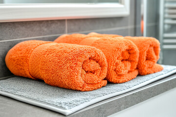 A set of three rolled orange towels lies on a gray tile in the bathroom.
