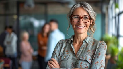  woman smiling in front of her team in open space workplace