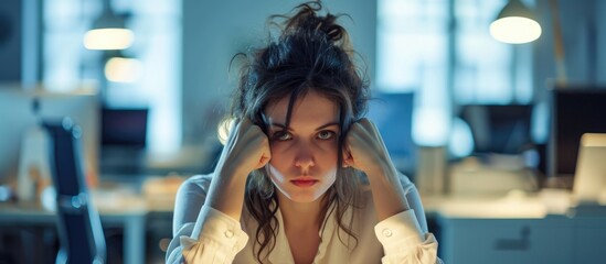 A weary female worker in an office, searching for motivation to tackle dull tasks. - obrazy, fototapety, plakaty