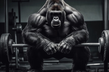 Fototapeta na wymiar Gorilla with Gym Barbel. Bodybuilder Gorilla. Generated AI