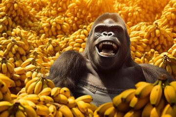 Gorilla with Bananas. Happy Gorilla and Fruits. Generated AI