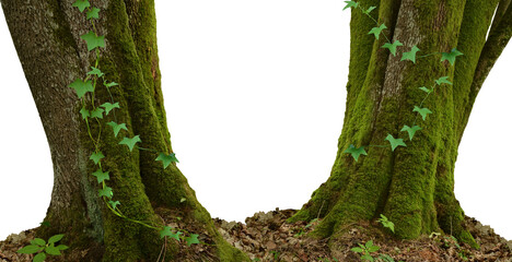 Forest PNG background. Mossy trees, copy space, ivy on trunks - obrazy, fototapety, plakaty