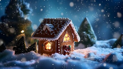 a christmas scene with a small house in the snow